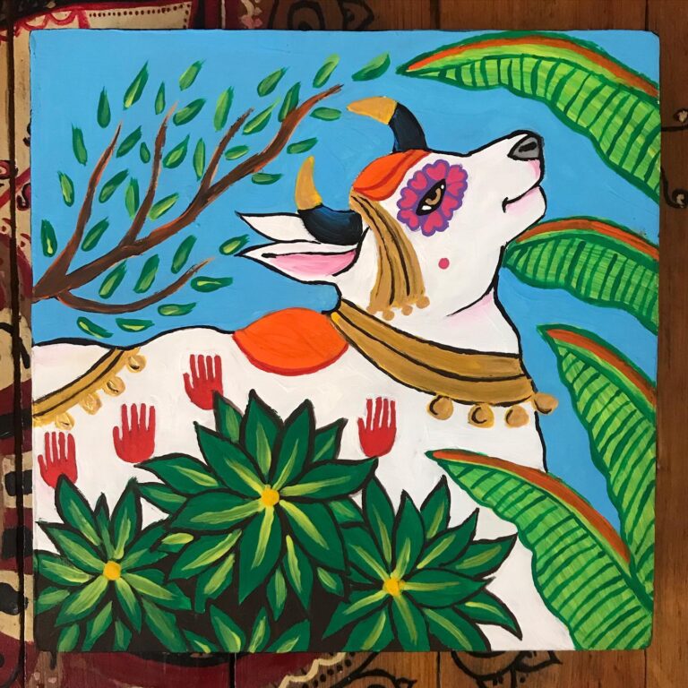 002 - Acrílico sobre madera 20x20cm Artista- Deva Priya Devi Dasi #arte #painting #devocional #gopis #vacaslecheras #acrílico #templo #harekrsna # govinda #pavoreal #tigre #loto #artista