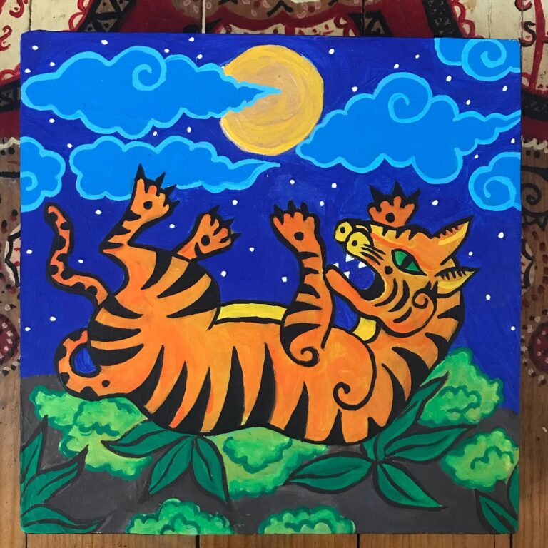 006 - Acrílico sobre madera 20x20cm Artista- Deva Priya Devi Dasi #arte #painting #devocional #gopis #vacaslecheras #acrílico #templo #harekrsna # govinda #pavoreal #tigre #loto #artista